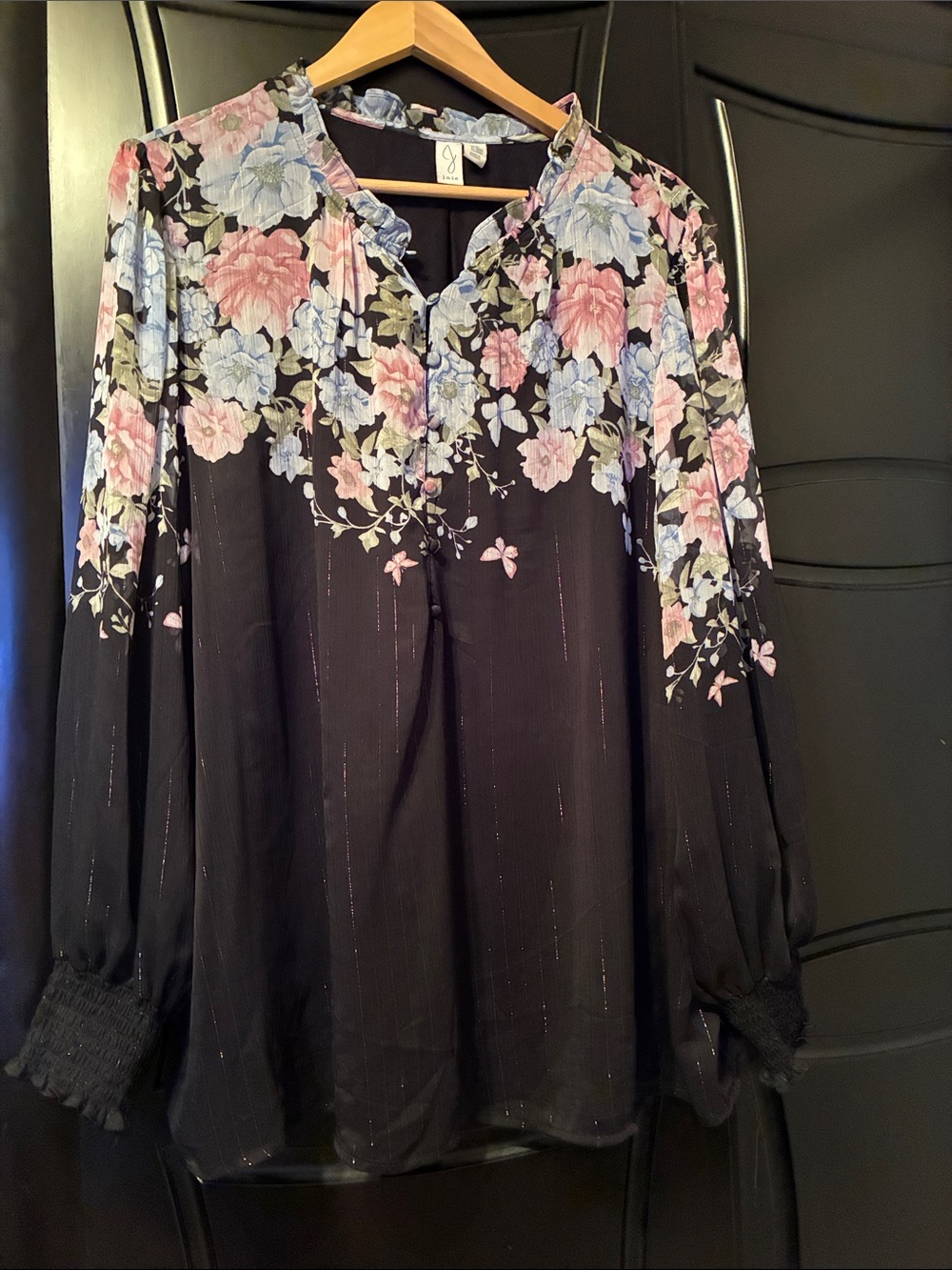 Joie Black Floral Yoke Peasant Blouse with Pink and Light Blue Blooms